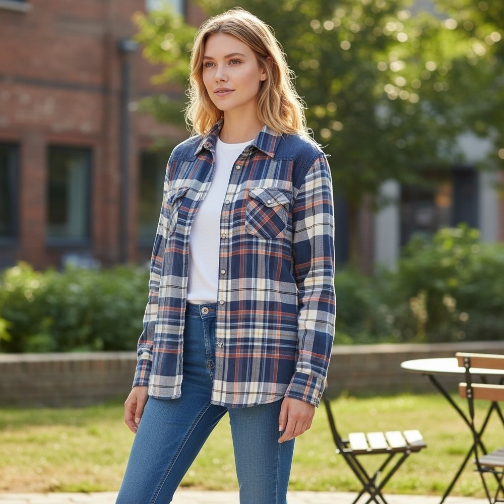Vintage GUESS Pearl Snap Western Plaid Shirt Blue Orange Contrast Yoke Flannel - Picture 3 of 10